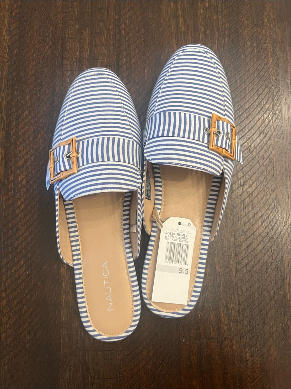 Nautica Blue & White Striped Backless Loafers with Gold Buckle